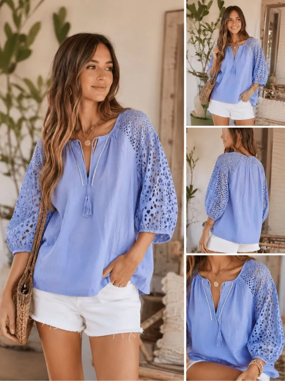 J.Crew Blue Eyelet Puff Balloon Sleeve Cotton Boho Tunic Top Size S festival